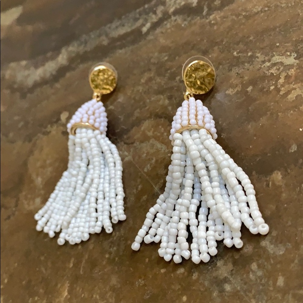 Beaded Candy Did It! Cream & Gold Tassel Earrings